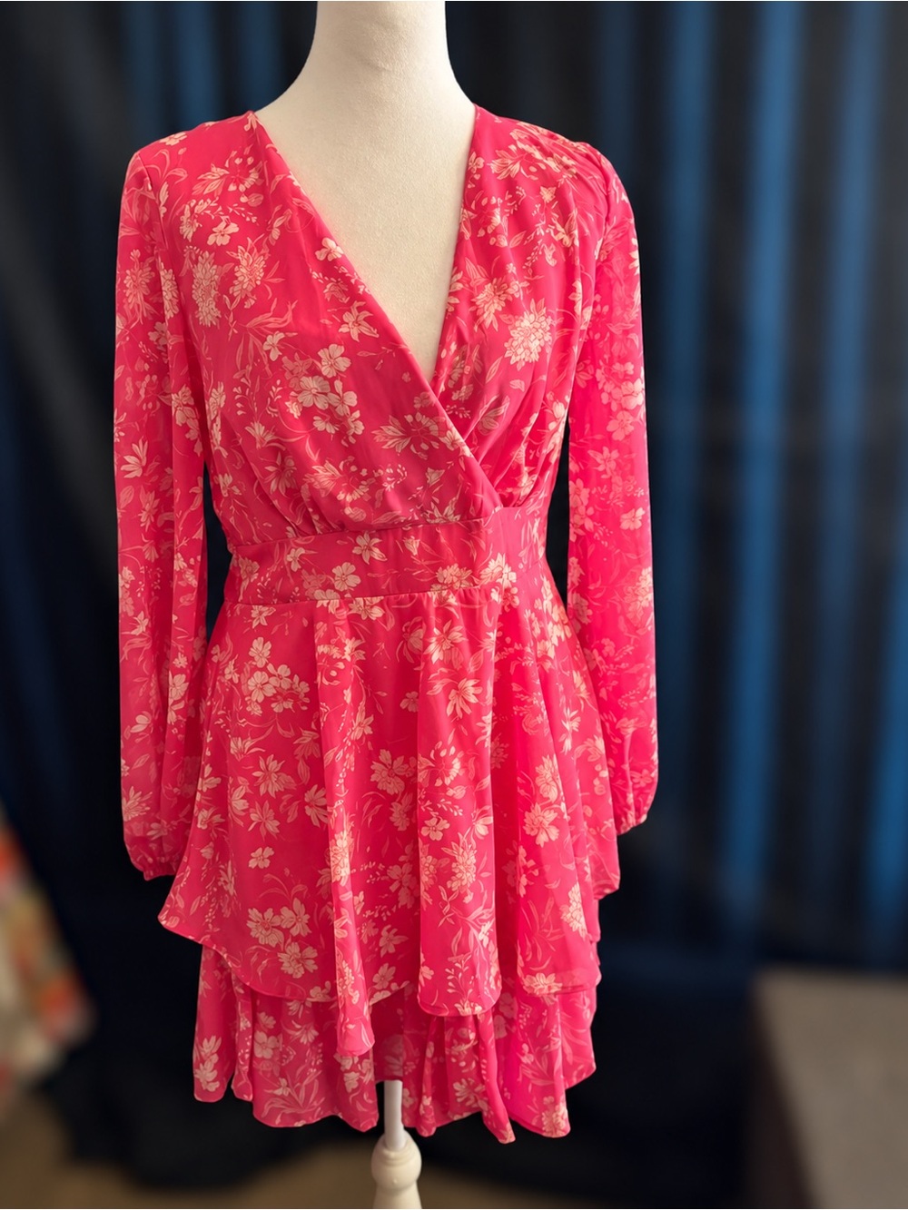 Japna Pink Floral Long Sleeve Tiered Dress Size Medium